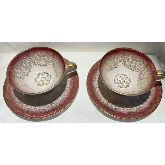 Bavaria Germany Pink Gold Floral Design Tea Cup & Saucer Set Of Two - Picture 4 of 11